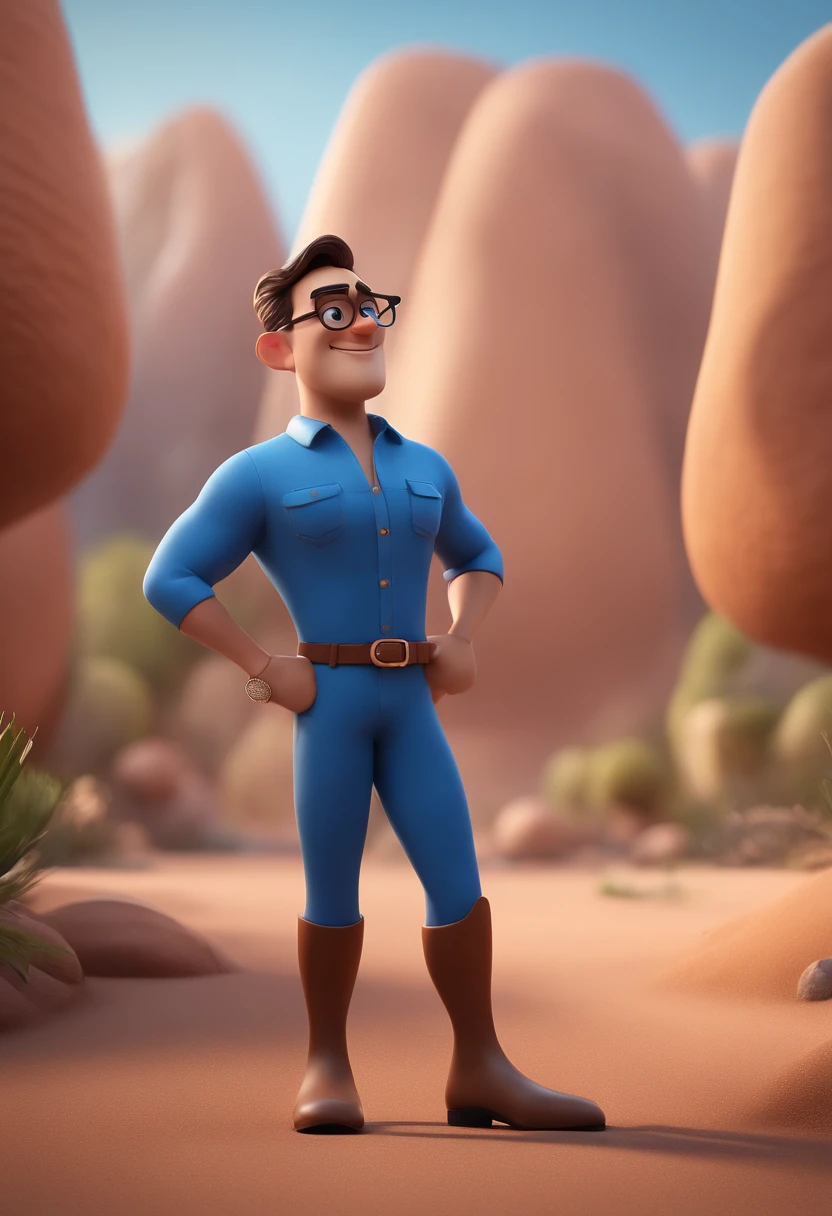 Cartoon character of a man with black glasses and a blue shirt