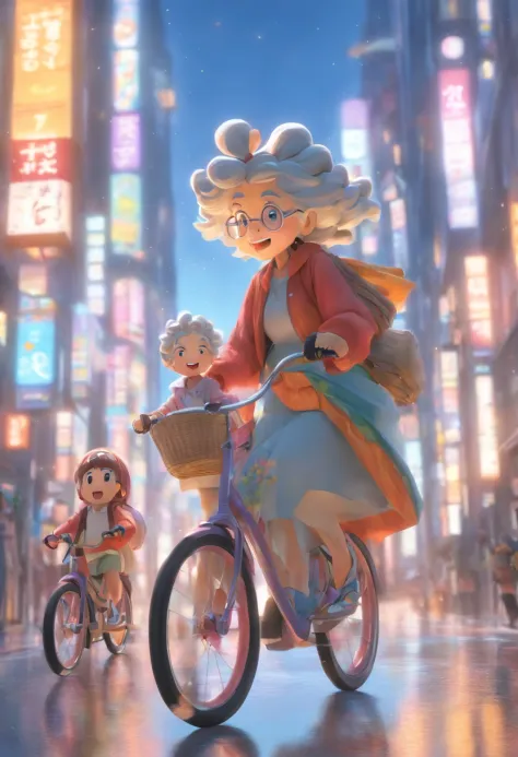 Criar uma imagem: Full Body Illustration of Grandma Walking and Granddaughter Riding Bike on Street, Personagem 3D, tamanho 4:3, Um total de 5 cores, Estilo Expressivo. Qualidade 5, tamanho 750.