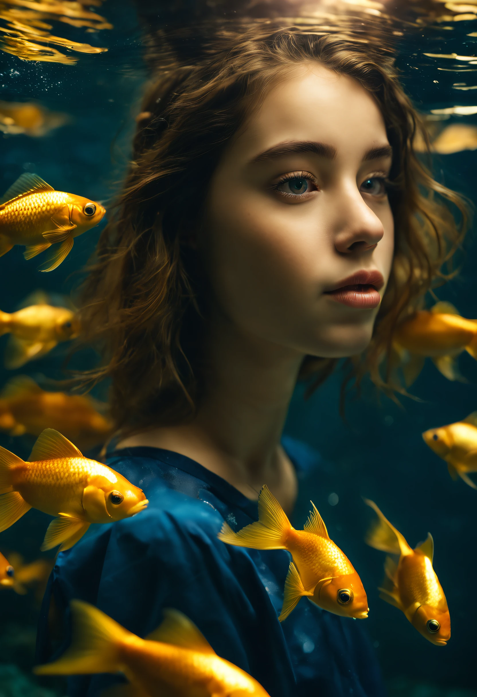 hyper realistic photograph of a girl underwater with school golden fish around, closeup shot dreamy mood, reflection bokeh, lighting on girl's face, i can't believe how beautiful this is, 8k, golden hours lighting