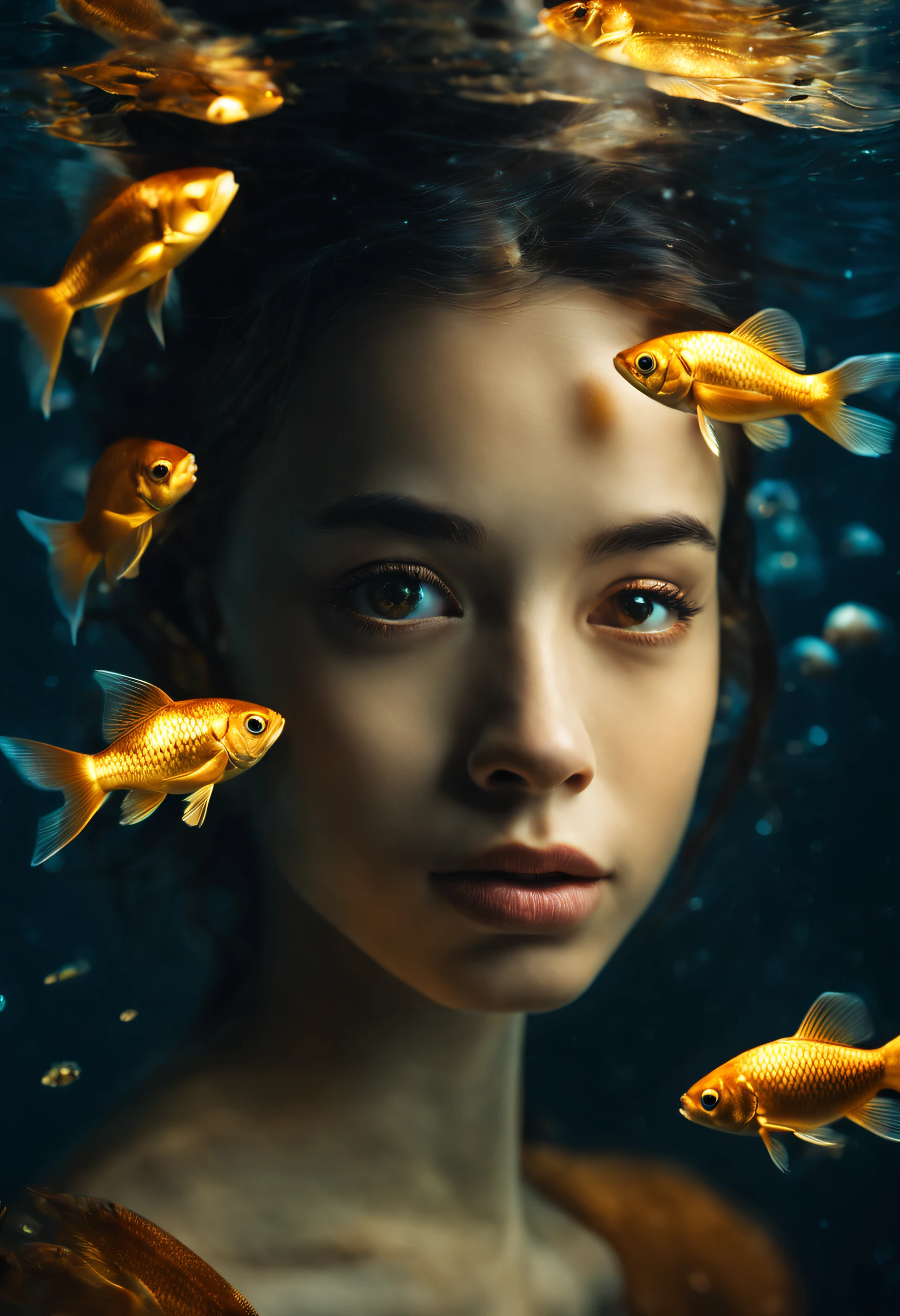 hyper realistic photograph of a girl underwater with school golden fish around, closeup shot dreamy mood, reflection bokeh, lighting on girl's face, i can't believe how beautiful this is, 8k, golden hours lighting