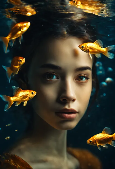 hyper realistic photograph of a girl underwater with school golden fish around, closeup shot dreamy mood, reflection bokeh, ligh...