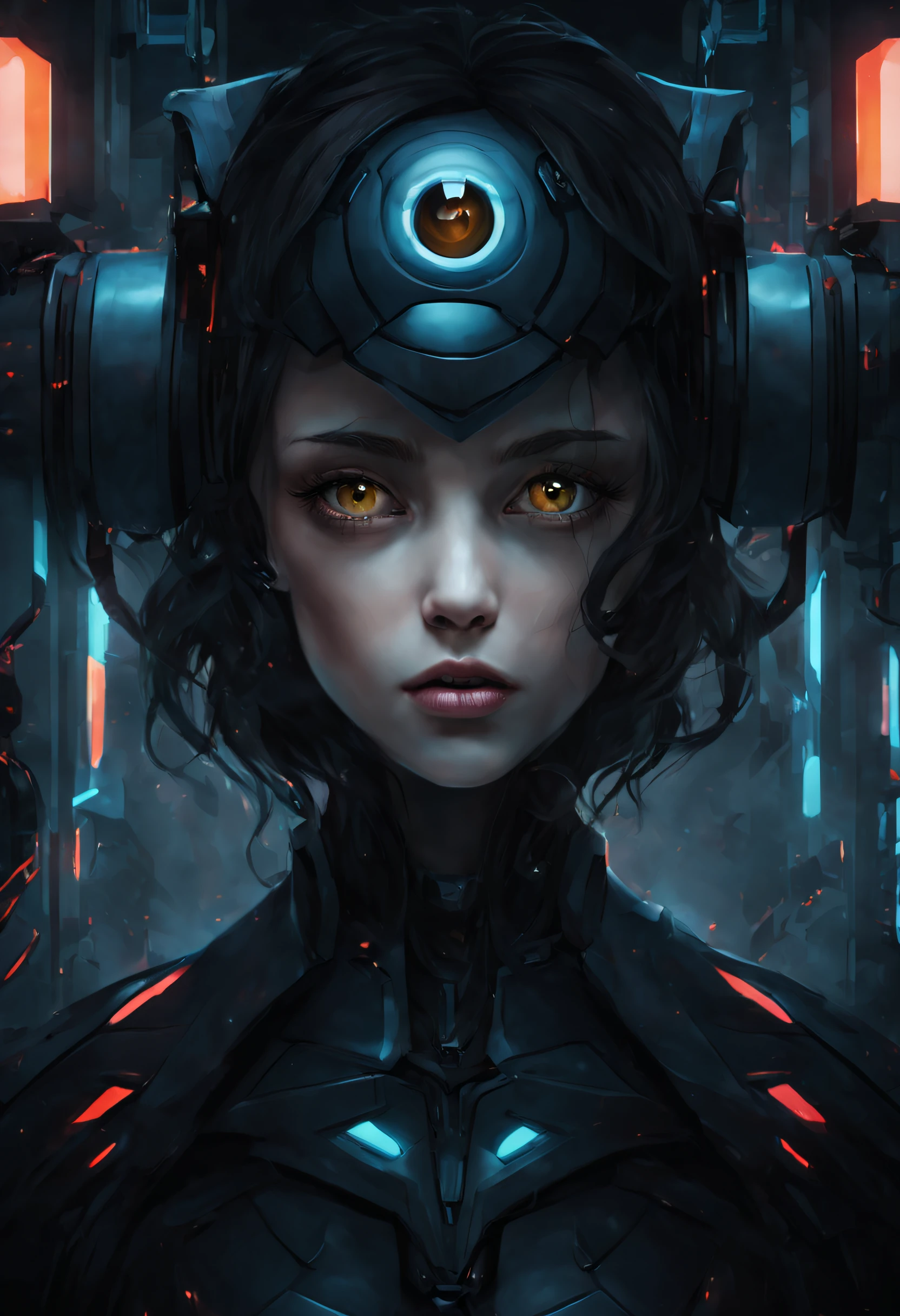 Depict face emerging from the shadows, creates an atmosphere of fear and unease perfect shading, poster art, bold text, magazine cover, poster art, robot girl, hint of vibrant creates an atmosphere of fear and unease, android eyes