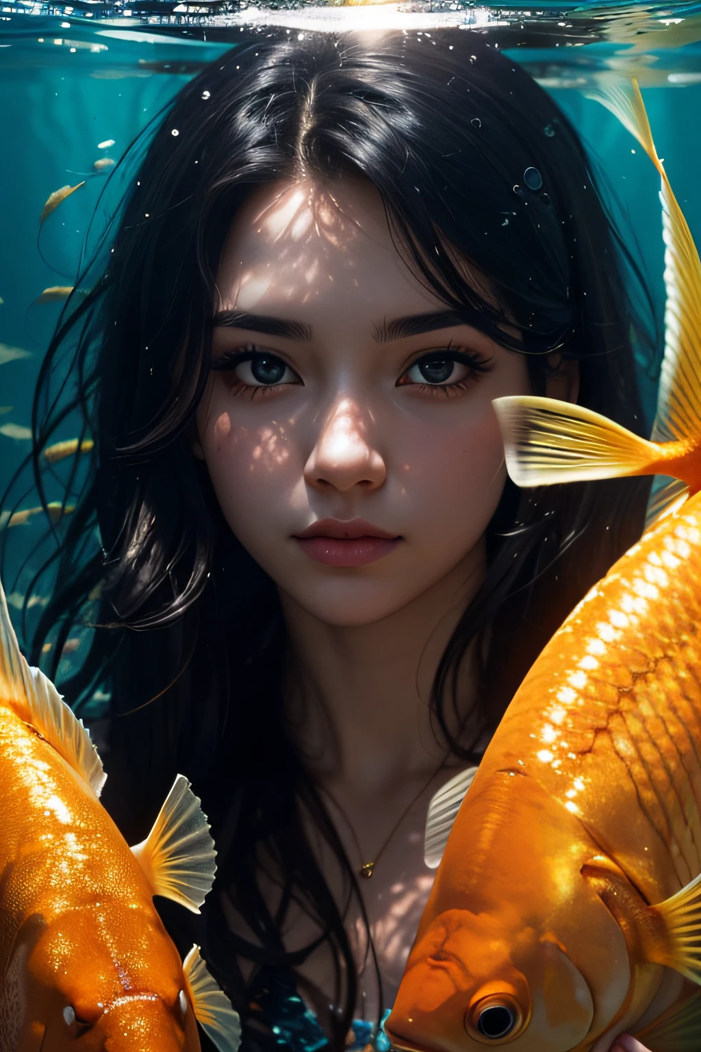 a beautitul woman with long black curly hair. Hyper realistic photograph of a girl underwater with school golden fish around, closeup shot dreamy mood, reflection bokeh, lighting on girl's face, i can't believe how beautiful this is, 8k, golden hours lighting