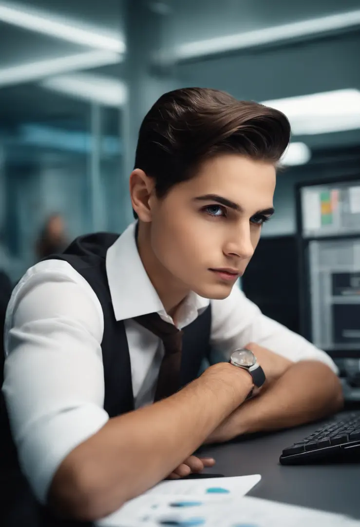 Image of a boy with dark brown hair slicked back, barba pequena, pintinha no rosto, working in the office of a company of.Internet with multiple computer monitors