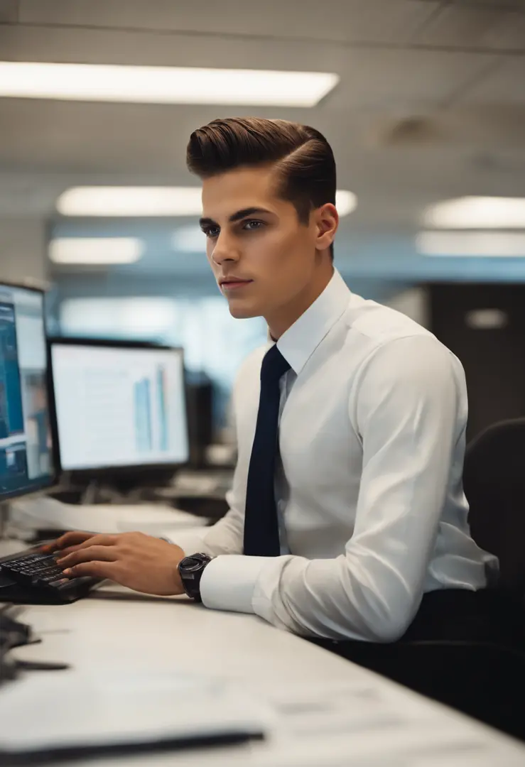 Image of a boy with dark brown hair slicked back, barba pequena, pintinha no rosto, working in the office of a company of.Internet with multiple computer monitors