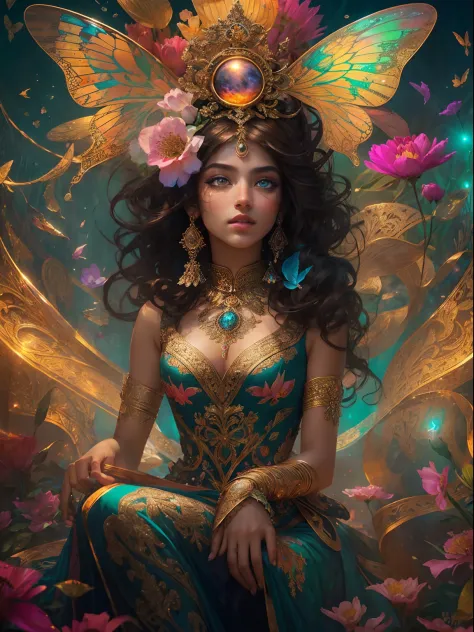 This artwork is colorful and exciting with lots of action and visual interest. Generate a strong and proud woman dressed in intricate and ornate circus garb and realistic skin and hair texture. Her eyes are beautiful and realistically shaded and her face i...