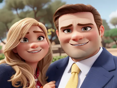 Mujer rubia con ojos marrones, hombre blanco, estilo Disney pixar, Alta calidad, mejor calidad