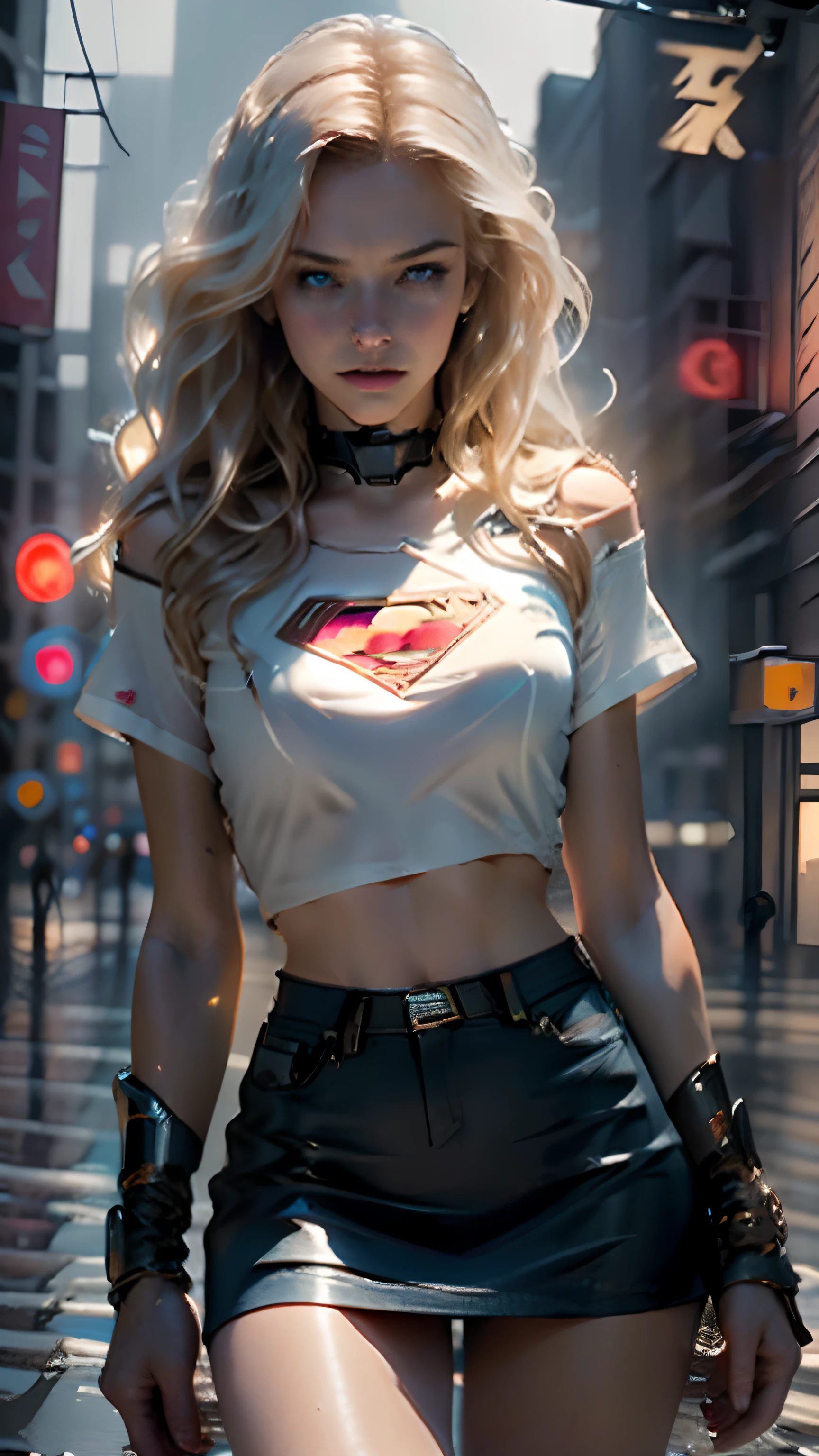 Belle femme aux cheveux blonds ondulés, yeux bleus délicats et charmants, encoche à la cuisse, LONGUES JAMBES SEXY, t-shirt en jeans jupe courte avec superman lettre S, Cyberpunk futuriste mignon + ville, brume, humide, pluie, chef-d&#39;œuvre de la meilleure qualité, réaliste, détaillé, 8k, hdr, faible profondeur de champ, lumière large, contraste élevé, rétroéclairage, inondation, éclair, aberration chromatique,  netteté, Photo couleur brute, symbole Superman S sur la poitrine.