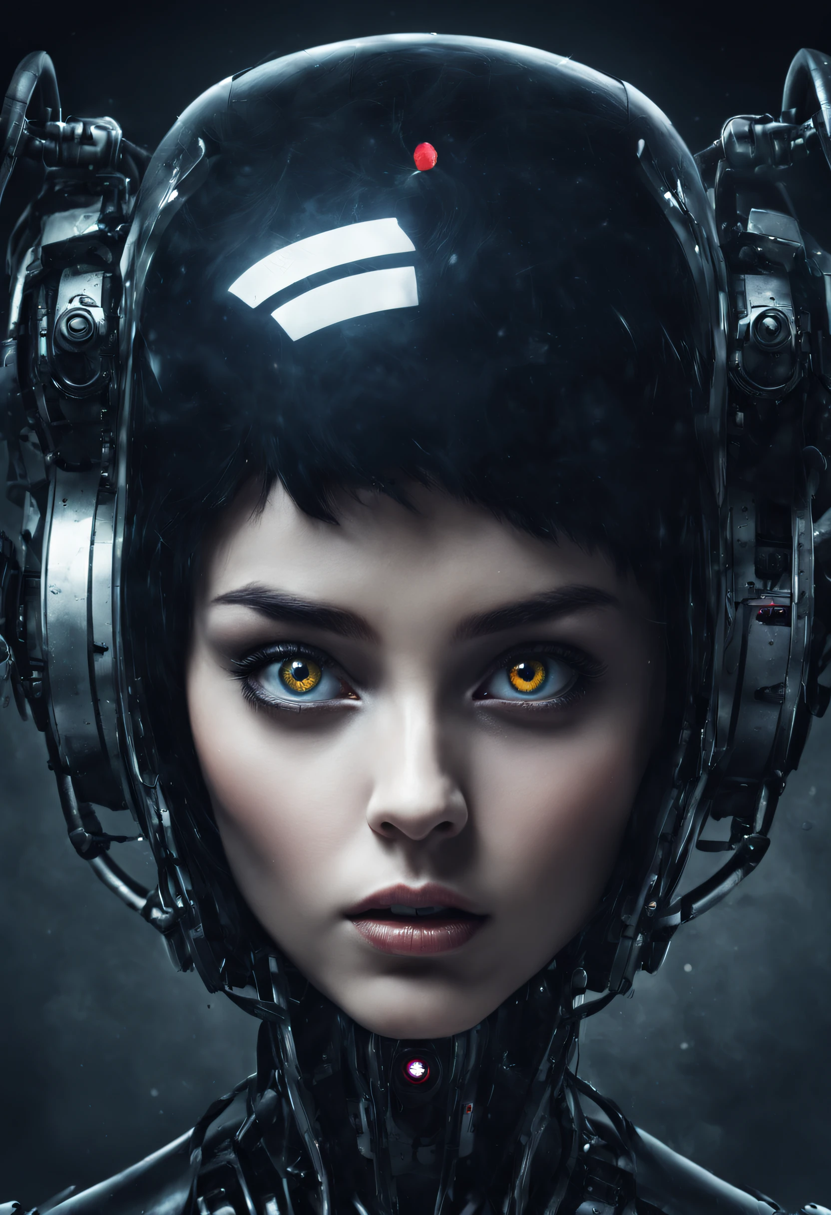 Depict face emerging from the shadows, creates an atmosphere of fear and unease perfect shading, poster art, bold text, magazine cover, poster art, robot girl, hint of vibrant creates an atmosphere of fear and unease, android eyes