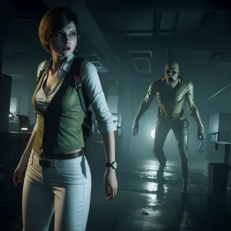 Best quality, ((Rebecca chamber from resident evil)), short  hair, white jeans, beautiful face, Panic expression, green vest