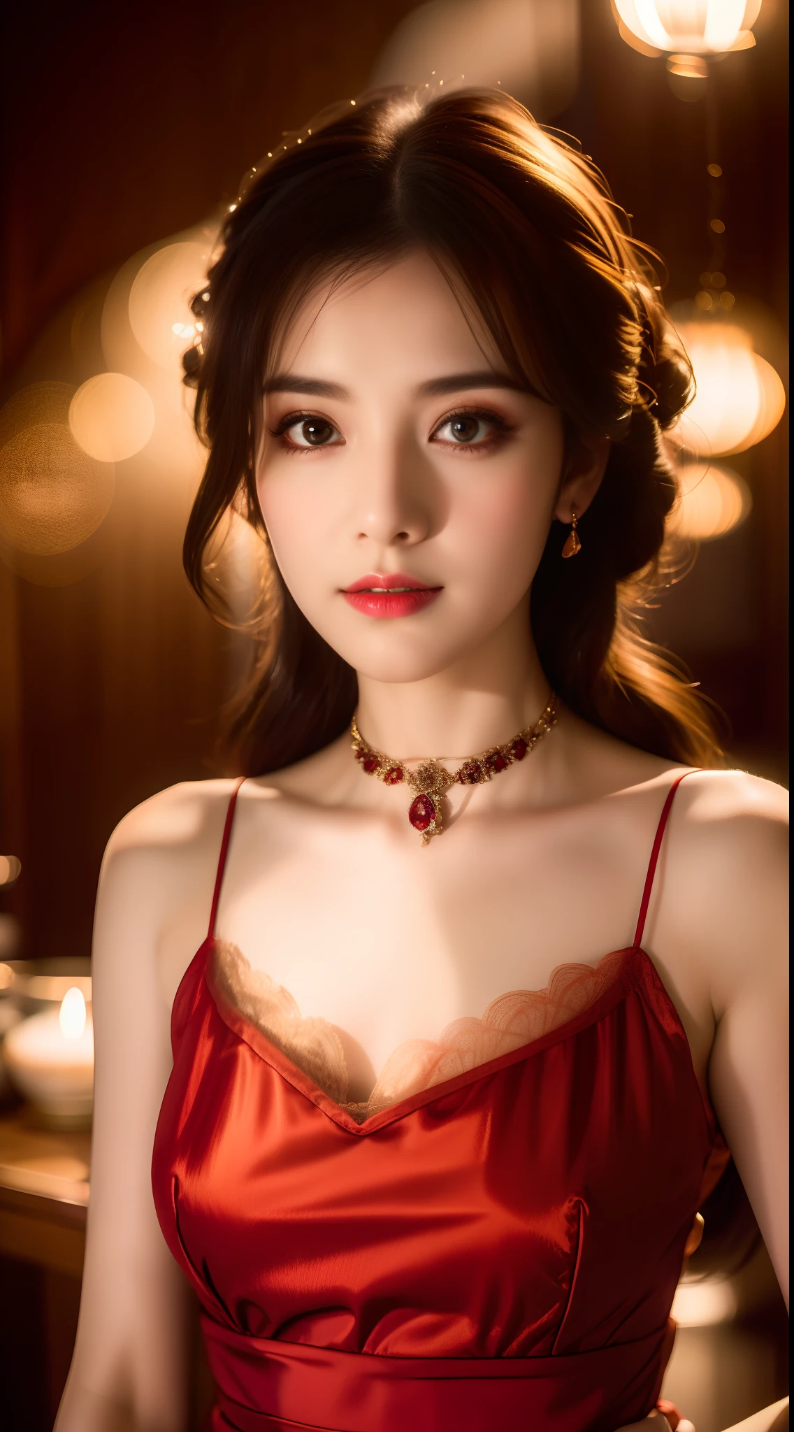 best qualtiy，tmasterpiece，A high resolution，1girl，Floral antique nightdress，Antique nightdress，Tulle nightdress，hair adornments，choker necklace，jewely，beautiful face，Flaming red lips，Physically，dingdall effect，realisticlying，dark studio，edge lit，twotonelighting，（highdetailskin：1.2），8k uhd， dslr, softlighting, high high quality, volumettic light, sneak shot, photore, A high resolution, 4k, 8k, Background bokeh