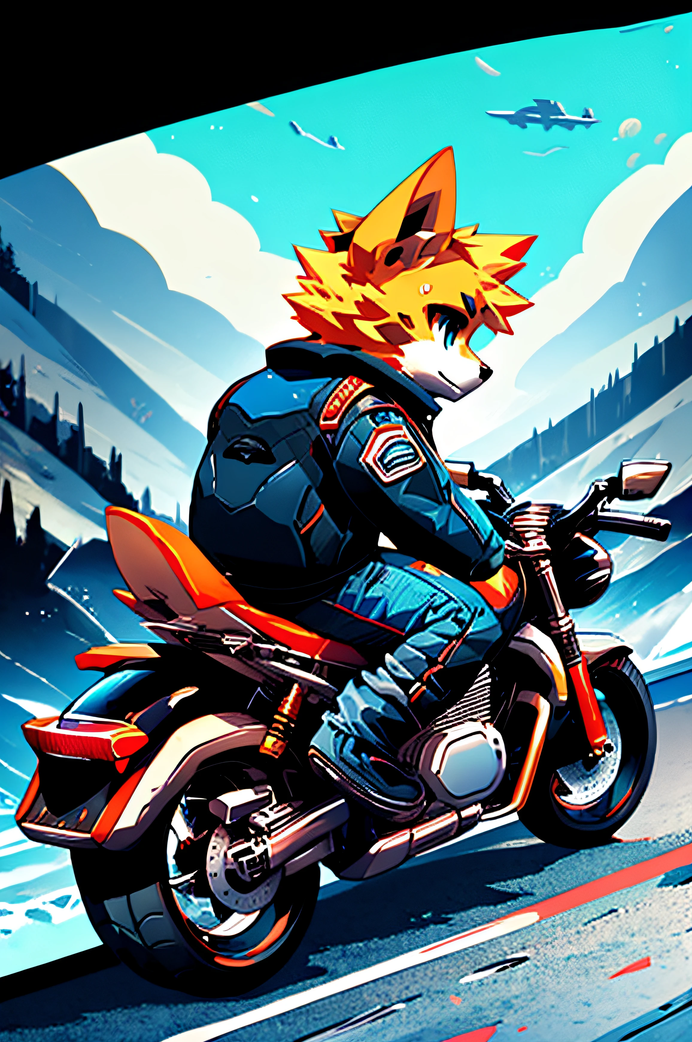 (Man riding a big motorcycle)comic strip、anthropomorphic  dog、cyberpunked