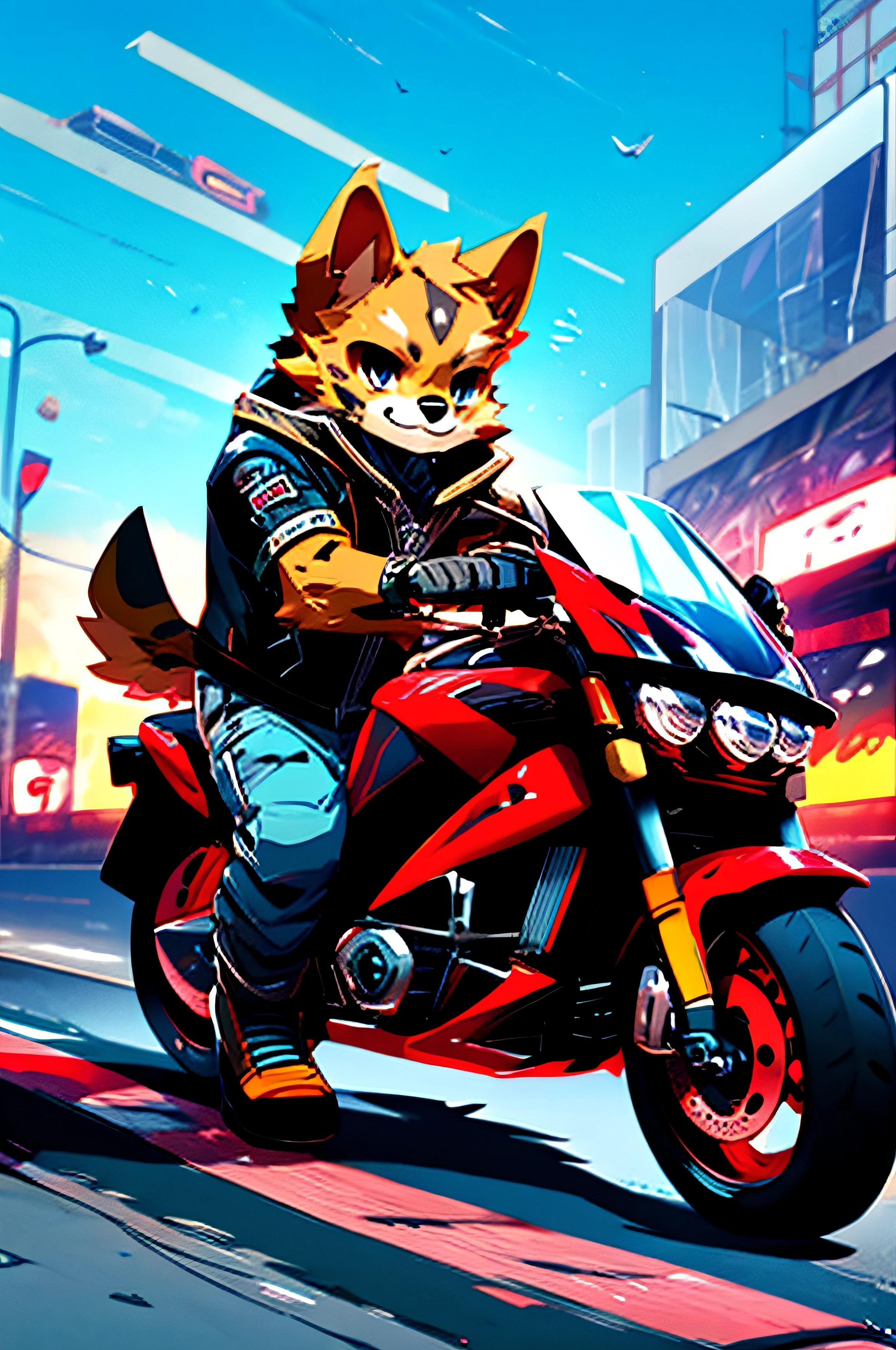 (Man riding a big motorcycle)comic strip、anthropomorphic  dog、cyberpunked