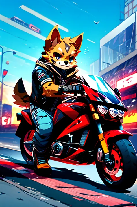 (man riding a big motorcycle)comic strip、anthropomorphic  dog、cyberpunked