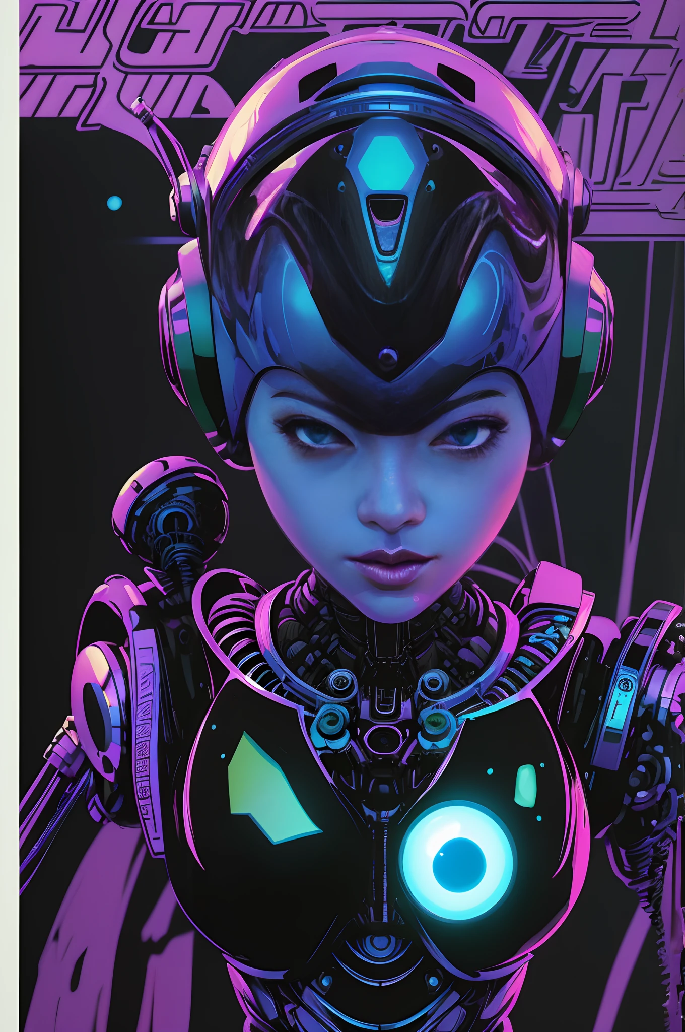 Depict face emerging from the shadows, magazine cover, poster art, robot girl, hint of vibrant