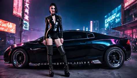 woman wearing a black PVC low-cut catsuit thigh High boots chains studs and spikes , in front of futurist car , in cyberpunk city at night , enlightened by neons