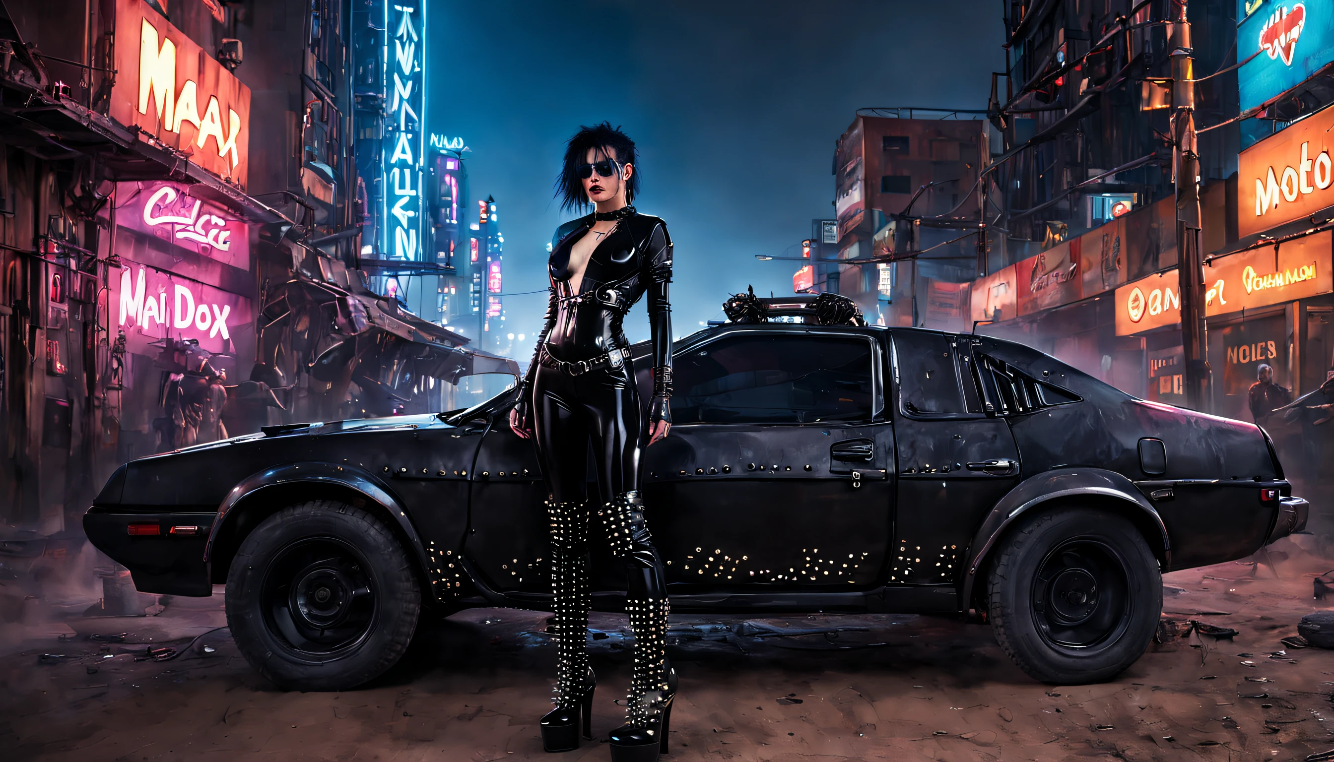 woman wearing a black PVC low-cut catsuit thigh High boots chains studs and spikes , in front of mad max car , in cyberpunk city at night , enlightened by neons