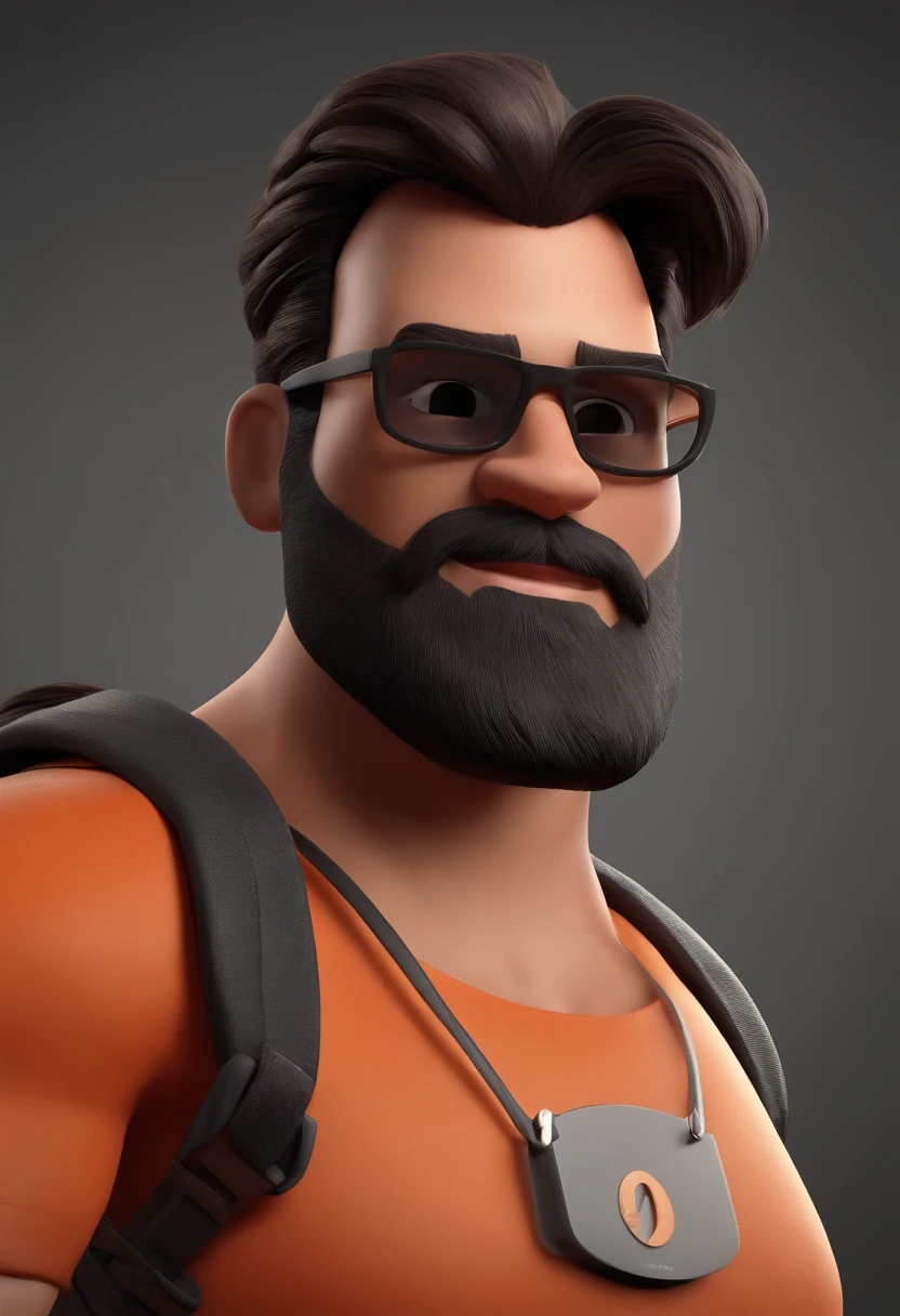 MAKE A Disney Pixar Style Character Style Display Poster "DISNEY PIXAR SOUL "cartoon of a thinly bearded brunette man wearing black sunglasses and an orange t-shirt, um personagem animado, com roupas de trekking e mochila nas costas, Caractere estilizado, animation style rendering, 3D estilizado, Arnold Maya render, 3 d render stylized, toon render keyshot, Personagem 3D, Personagem 3D, 3d rendering stylized, 3 d character render, personagem de desenho animado, Personagem de close up, Pose de personagem, (Estilo Pixar) (master part:1.2) (Bokeh) (melhor qualidade) (pele detalhada) (textura detalhada) (8k) (argila) (Cinematic lighting) (foco nítido，Senta e vaza a parte superior do corpo