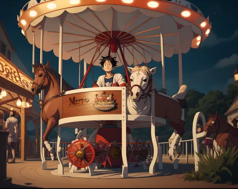 Luffy with a double cup sitting on the merry go round while contemplating life
