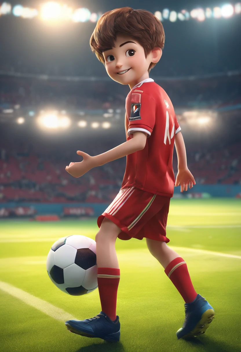 (best quality,realistic:1.37),boy with a joyful smile,soccer uniform,holding a ball in his arm on a football field,grass,clear sky,cheerful atmosphere,vibrant colors,sharp focus,shadows and highlights,portraits,studio lighting,emphasizing the boy's face and expression,texture,high resolution,professional,bokeh