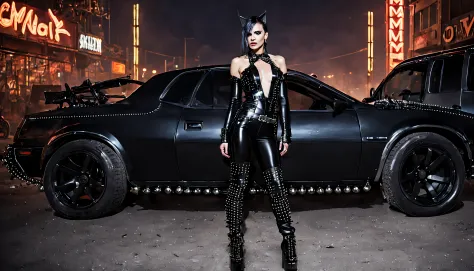 woman wearing a black PVC low-cut catsuit thigh High boots chains studs and spikes , in front of mad max car , in cyberpunk city at night , enlightened by neons