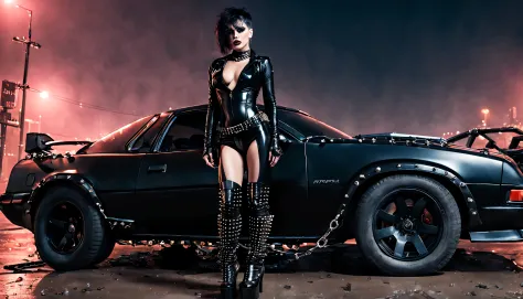 woman wearing a black PVC low-cut catsuit thigh High boots chains studs and spikes , in front of mad max car , in cyberpunk city at night , enlightened by neons