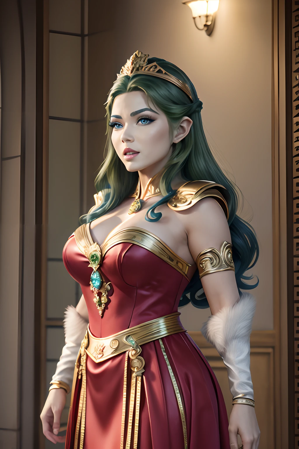 Full-body image, Standing, Giant Princess Zelda, (red with silver costume:1.5), like Ultraman, immensely large breasts1, very tight body suit, heavy makeup on the face, Light blue jewelry on breastplate, helmet on the head, red lipstick on the mouth, (she green eyes:1.5, blue hairs:1.5), looking at the viewer from the front, She is in a futuristic city with several monsters attacking the buildings, tokusatsu, Ultraman, anime styling, Cinematic lighting, 16K, uhd, master part, best quality, High details
