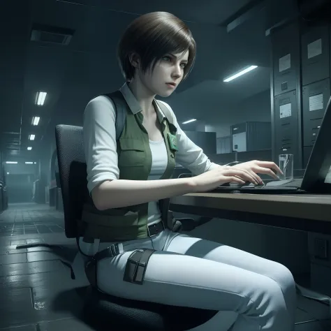 Best quality, ((Rebecca chamber from resident evil)), short  hair, white jeans, beautiful face, shy expression, green vest