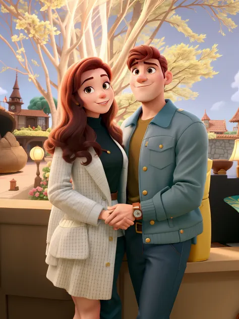 Casal (homem moreno e mulher branca) no estilo Disney Pixar, alta qualidade, melhor qualidade. Nome capa do filme Lazzi e Leeh