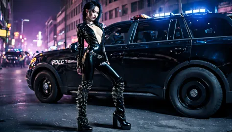 woman wearing a black PVC low-cut catsuit thigh High boots chains studs and spikes , in front of police car , in cyberpunk city at night , enlightened by neons