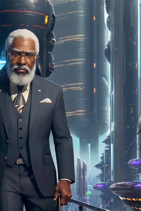 portrait of elderly black man in suit with trimmed white beard, smirking at camera, briefcase in hand
(sci-fi dystopia urban metropolis space spacestation starship:1.4)
(anime genshin botw ghibli
reflections bloom glow hdr intricate detail 8k composition d...
