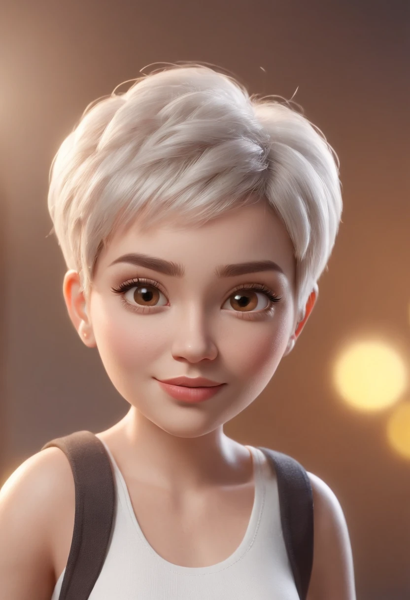 Cartoon character of a woman with black shirt, All Star sweatpants & sneakers, short Afro Brazilian Pixie CUT hair of BROWN color, and a little overweight. Above,full mouth,honey eyes,animated character, stylized character, animation style rendering, stylized 3d, arnold maya render, 3d stylized rendering, toon rendering keyshot, 3d character, 3d character, stylized 3d rendering, toon rendering 3D Characters, Cartoon Character, Character Closeup, Character Pose, (Pixar Style) (Masterpiece:1.2) (Bokeh) (Best Quality) (White Detailed Skin) (Detailed Texture) (8k) (Cinematic Lighting )