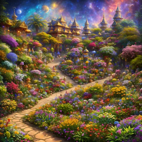 (Best quality,masterpeace),(hyperdetailed colourful),
A cosmic garden full of exotic plants and animals
,Perfectcomposition, Best Fair, (Golden ratio:1.2)
, hdr, Dramatic,Cinematic lighting, trending on artstationh,trending on CGSociety, Professional oil p...