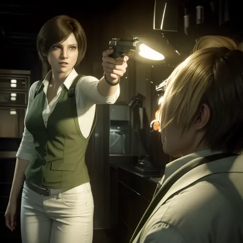 Best quality, ((Rebecca chamber from resident evil)), short  hair, white jeans, beautiful face, glare expression, green vest