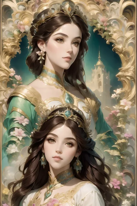 Um belo retrato de corpo inteiro, Showing three fairytale princesses, Branca de Neve ao centro, Rapunzel no lado esquerdo e Cind...