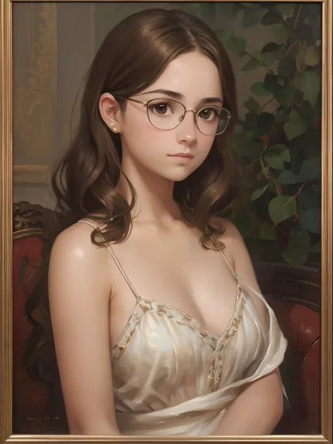 a 1girl, a beautiful teen-aged girl, extremely small breasts, short wavy brown hair, brown eye, eyeglasses, portraite of a, oil ...