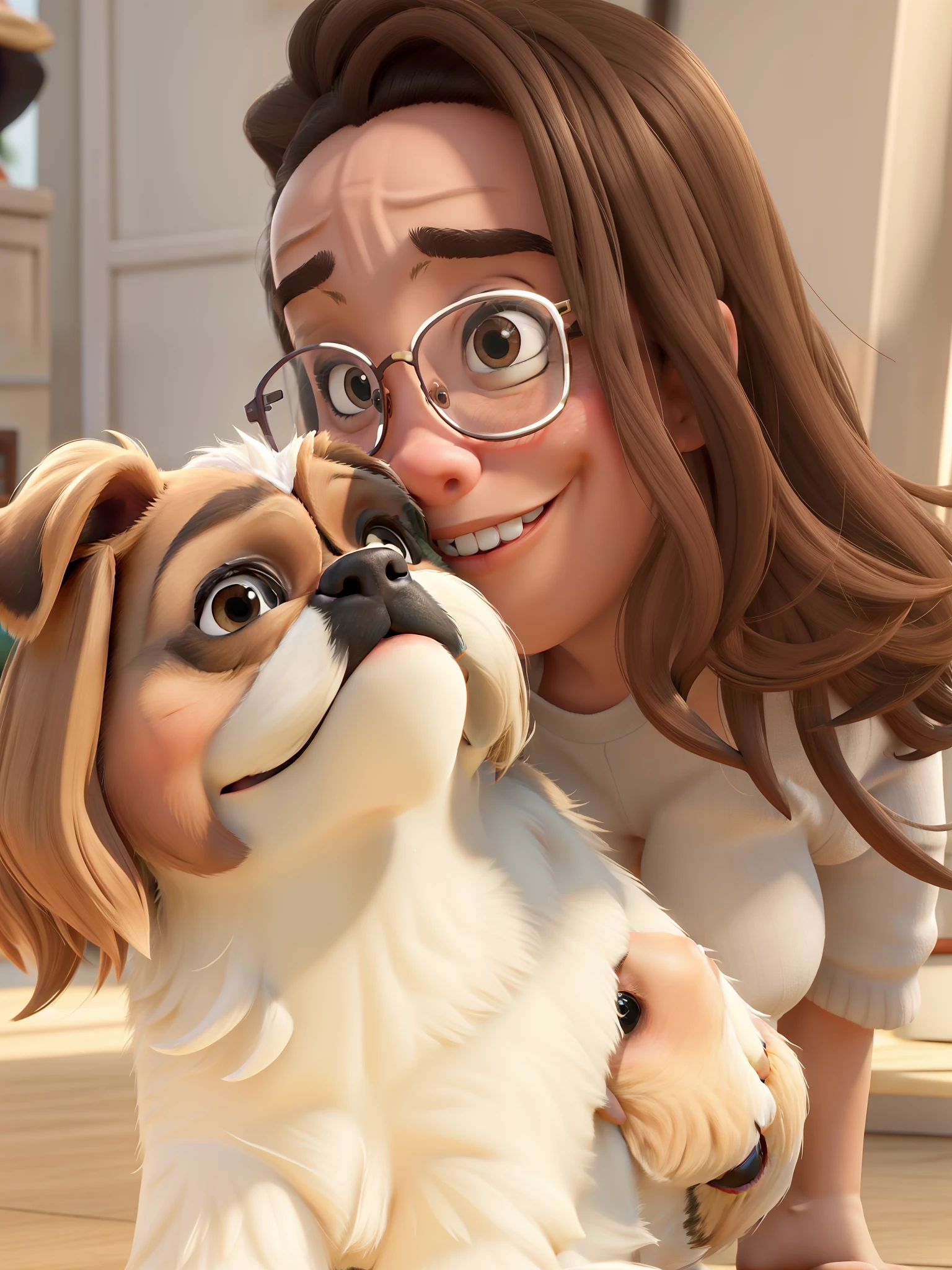 A woman holding a dog in a scene from the animated movie - SeaArt AI