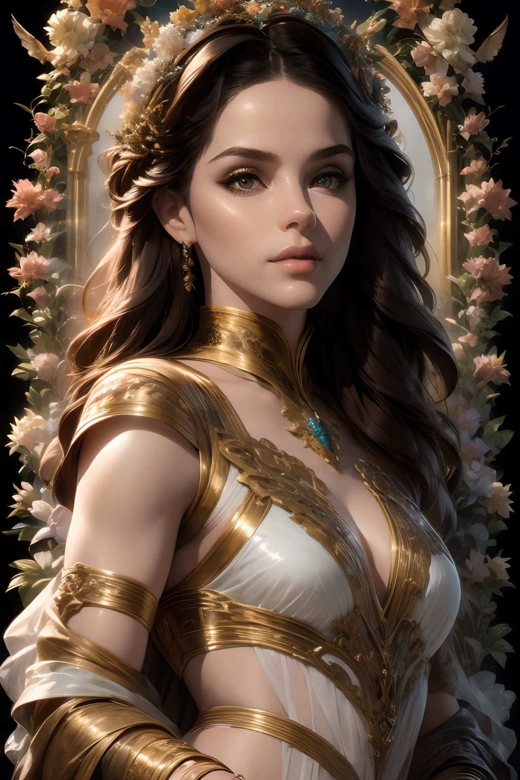 Imagem de uma mulher em uma cena de ficção científica, Android Jones e Chris Dyer, Retrato de Sofia Vergara, arte cinematográfica square enix, imagem promocional do filme, Filmado em IMAX, Muspelheim, protagonista em primeiro plano, Paulo Atreides, renderização imax, feiticeira malvada, Elora, IMAX