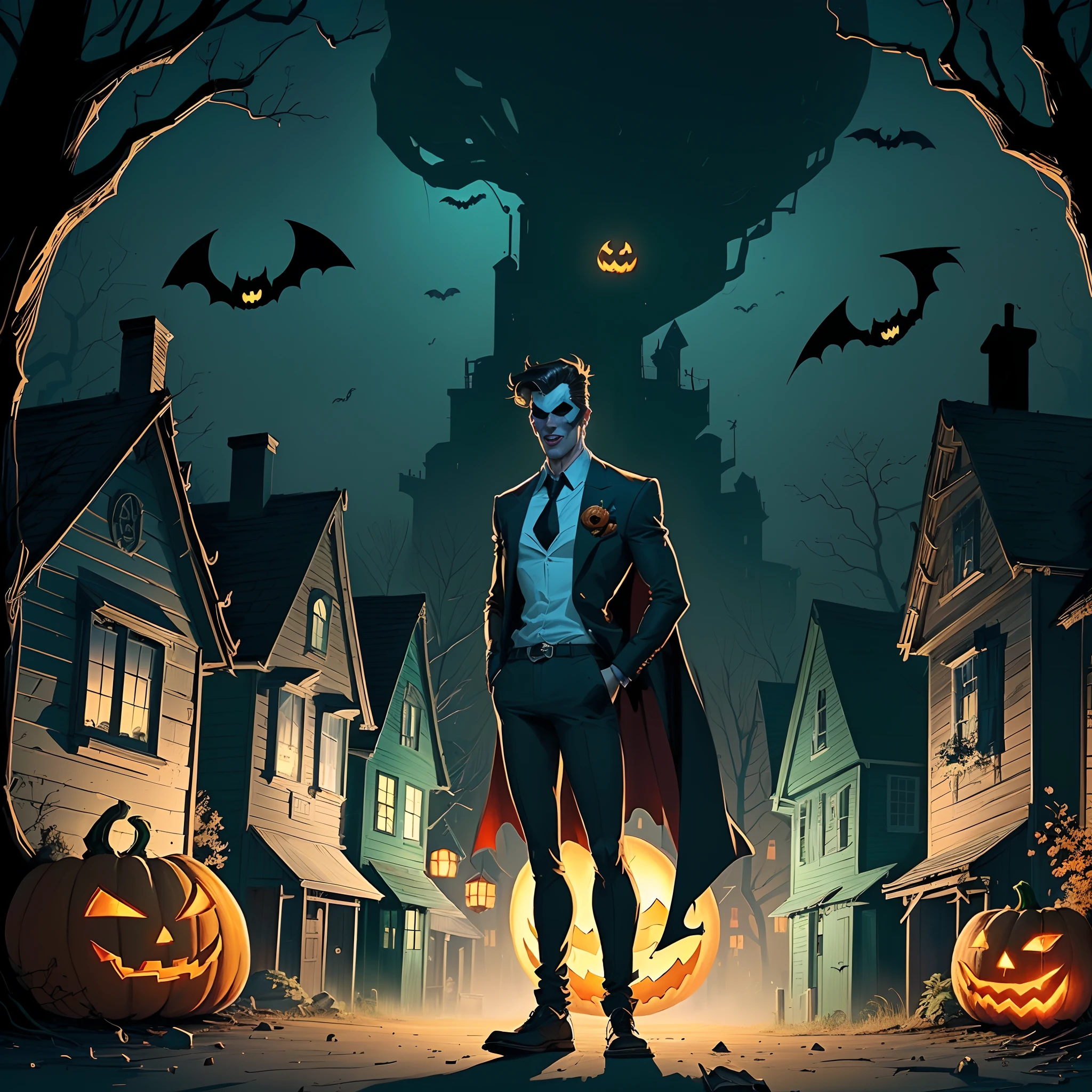 nsfw batman dans une ville sombre avec des citrouilles et des chauves-souris, Halloween art style, oeuvre d&#39;arrière-plan, Halloween atmosphere, in a Halloween style, spooky Halloween night, illustration numérique en couleur, Halloween night, Halloween scene, dans le style artistique de Dan Mumford, illustration couleur complète, dans le style de l&#39;œuvre d&#39;art de Dan Mumford, Halloween, juste une blague, nuit effrayante, epic illustration couleur complète, décrire un super-héros masculin, dans un village d&#39;appartements effrayant dans les bois, se concentrer sur la différence, Sexy, Mignon, un style conceptuel trop ridicule, ici les âmes, dans un joyeux environnement d&#39;Halloween