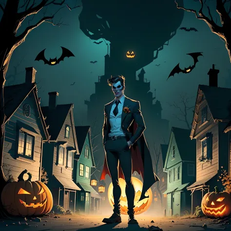 nsfw batman in a dark city with pumpkins and bats, halloween art style, background artwork, halloween atmosphere, in a halloween...