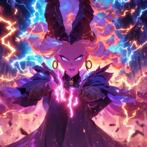 Witch queen with horns casting lightning spells and summoning creatures