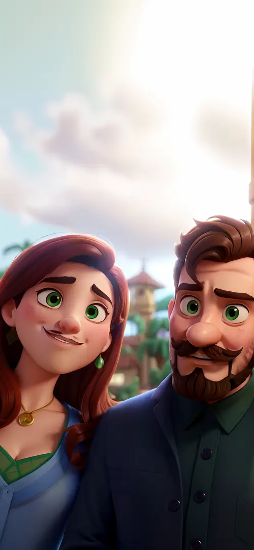 Casal (homem moreno com barba e bigode, olhos verdes e mulher branca, loira, cabelos um pouco abaixo dos ombros) no estilo Disney Pixar, alta qualidade, melhor qualidade.