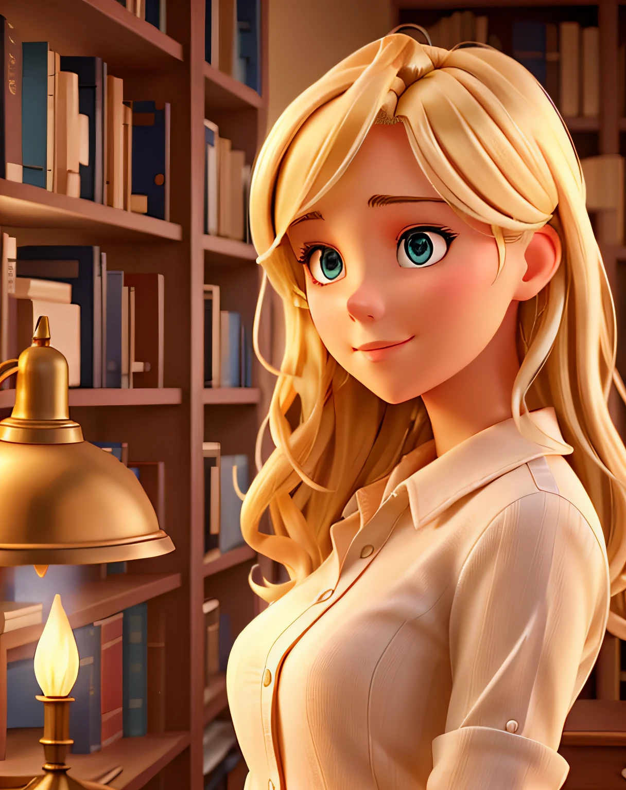 A close up of a cartoon girl in a library with a lamp - SeaArt AI