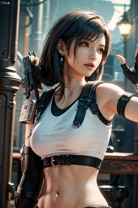 (masterpiece), (best quality), 8k resolution, ultra-detailed, hyper-detailed, realistic, photograph, photorealism, (1girl), Tifa, final fantasy, Tifa Lockhart, sun light, cinematic, cool pose, black hair, D cup, perfect body