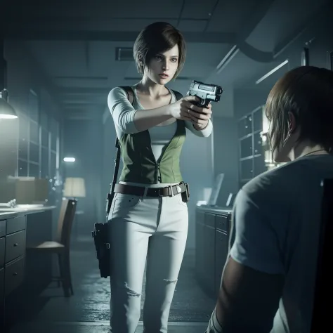 Best quality, ((Rebecca chamber from resident evil)), short  hair, white jeans, beautiful face, green vest