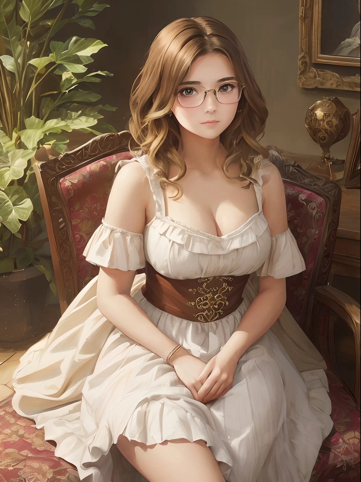 A close up of a woman sitting on a chair wearing glasses - SeaArt AI