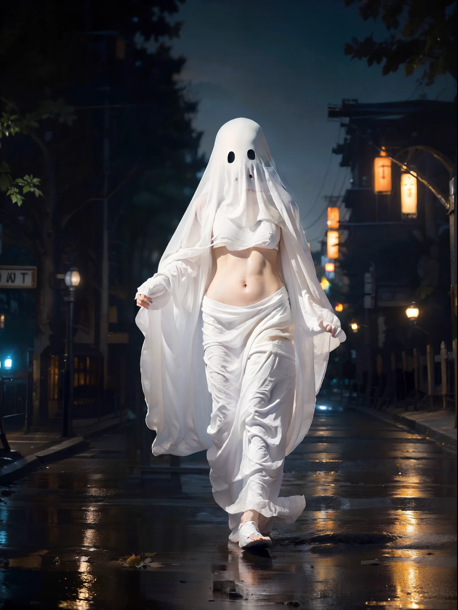 Arafed woman in a white ghost costume walking down a wet street - SeaArt AI