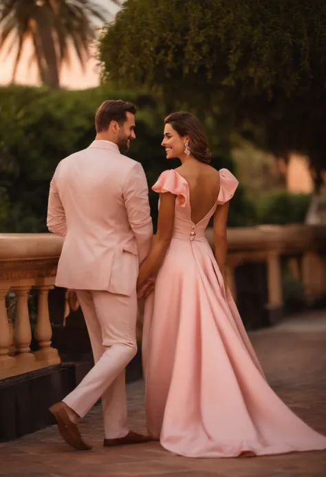 Pareja ella cabello rubio vestido naranja - SeaArt AI