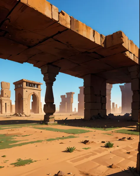 ruinas em um deserto arenoso. ruinas de terra. pilares. Background