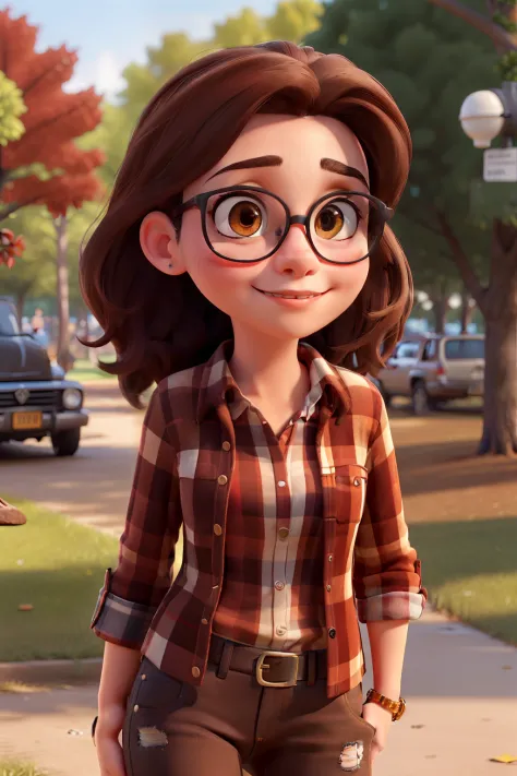 "(best quality,ultra-detailed),(realistic:1.37),portrait,detailed eyes and face,girl in a park,brown hair,square eyeglasses,brown eyes,vivid colors,red plaid shirt,black jeans,all star sneakers"